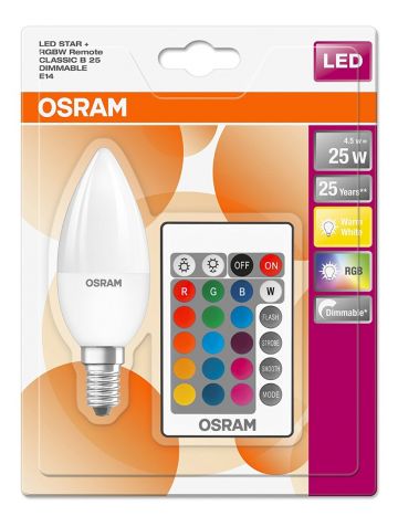 5w Osram LED Star Colour Changing / Dimmable Candle Light Bulb (Red Green Blue White) - Comes with Remote Control